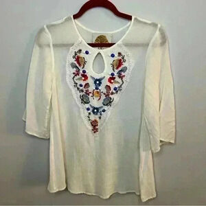 Missy Robertson Women Size S White Blouse Beading Flowy Boho Lightweight